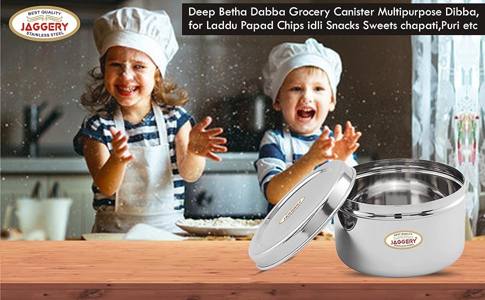 Jaggery Steel Container Heavy Gauge Stainless, Storage Box, Deep Betha Dabba, Grocery Canister, Multipurpose Dibba (Capacity- 35